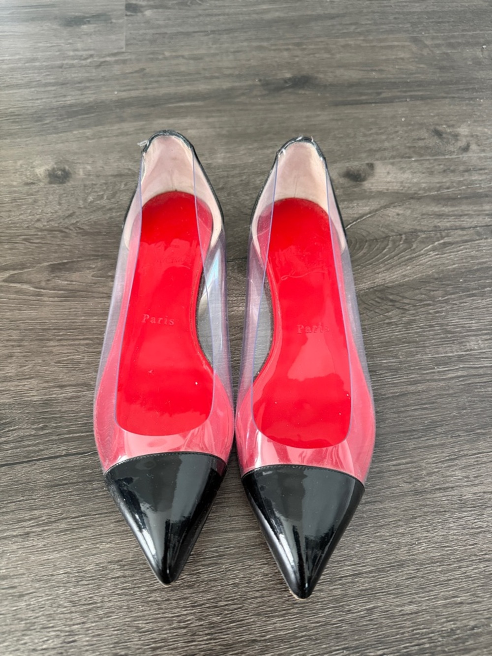 Christian Louboutin Clear Pointed Flats with Black Cap Toe and Red Insole
